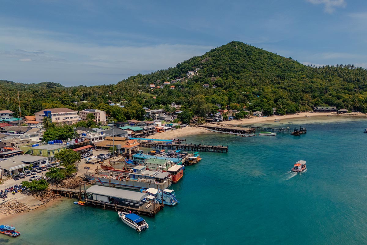 Das Pier am Mea Hadd Beach aus der Luft fotografiert