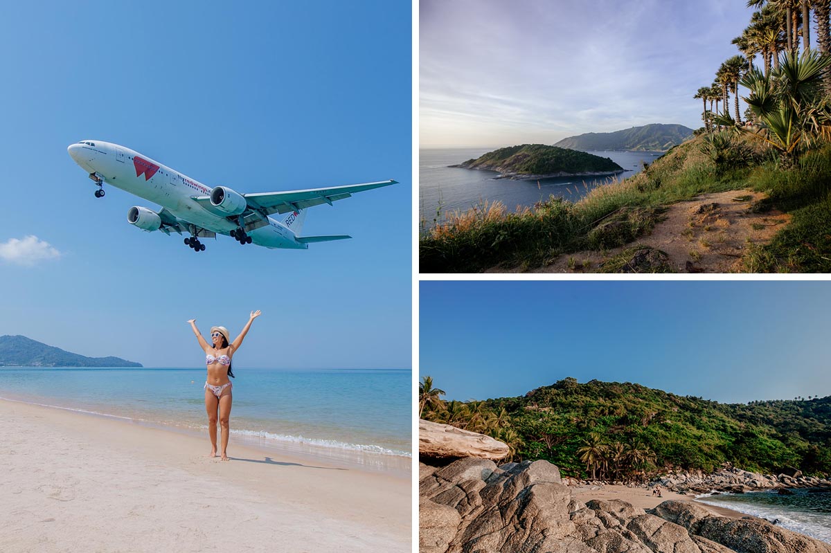 thailand-insel- koh-phuket Phuket mit weißen Sandstränden, tropischer Landschaft und dem berühmten Mai Khao Beach, wo Flugzeuge niedrig über den Strand fliegen – beliebte Urlaubsinsel in Südthailand
