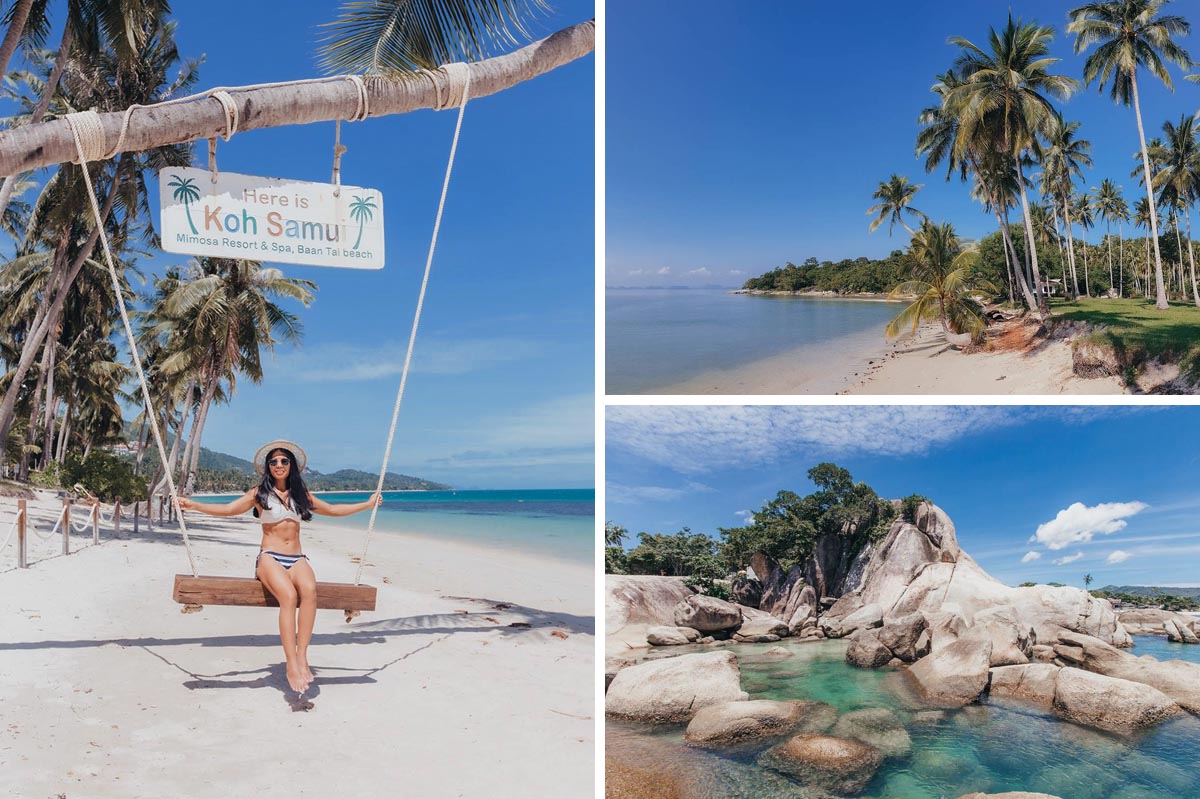 Traumstrand auf Koh Samui mit weißen Sandstränden, Palmen und türkisblauem Meer – typisches tropisches Inselparadies in Südthailand.