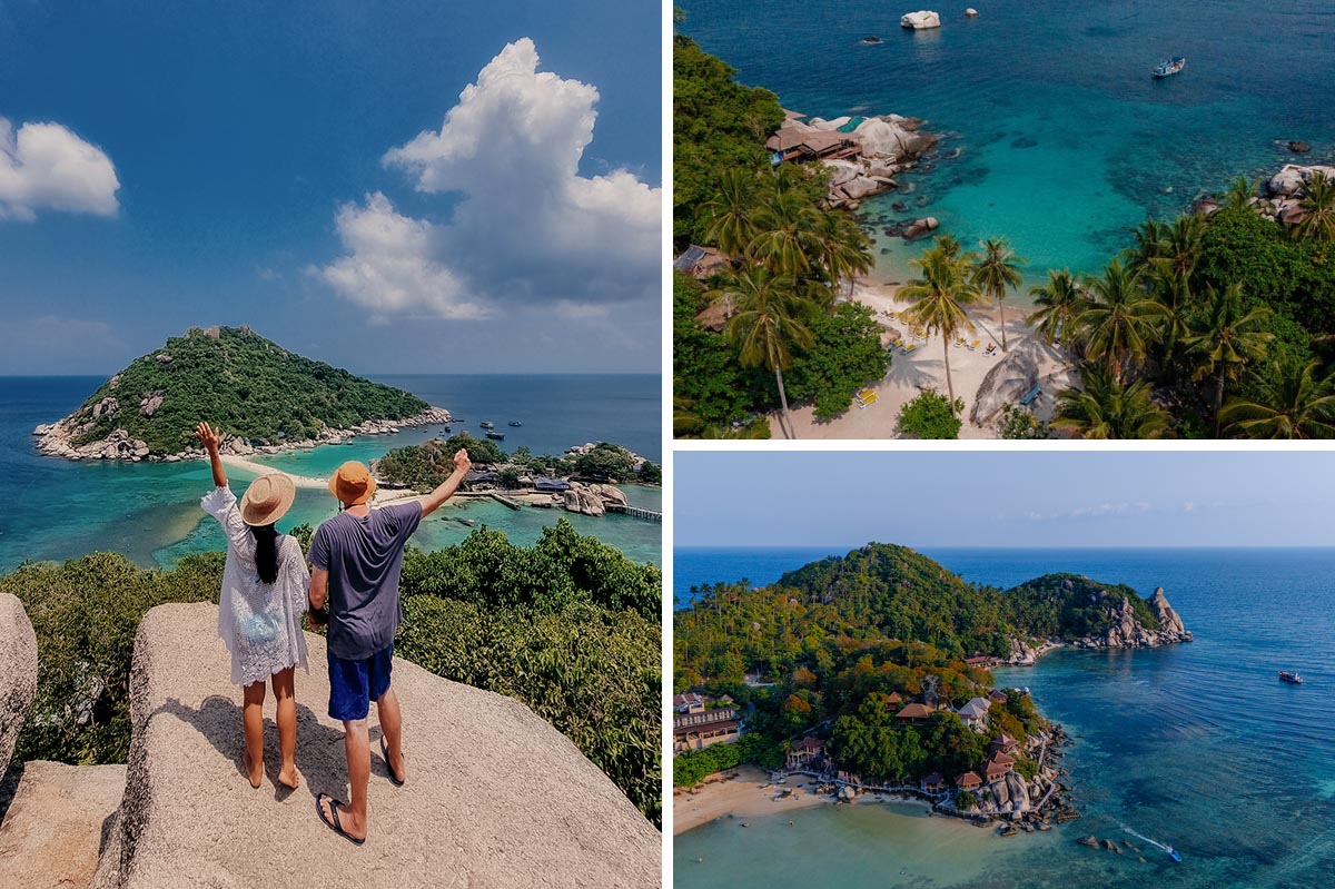 Koh Tao mit türkisblauem Meer, weißen Stränden und Aussicht auf die Sandbank von Koh Nang Yuan – beliebtes Tauch- und Schnorchelparadies im Golf von Thailand.